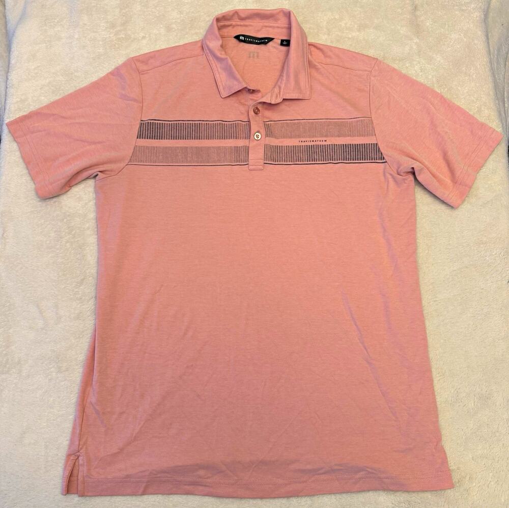 TravisMathew Polo Shirt Men L Pink Striped Short Sleeve Collared Logo Button